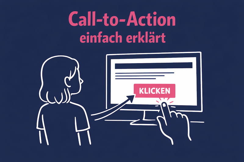 Bild im Comic Style - Frau von hinten schaut auf Bildschirm mit Button.