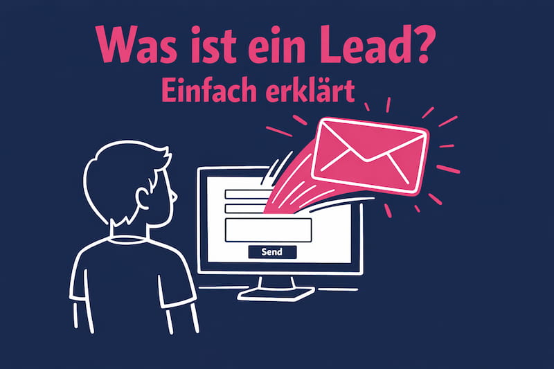 Einfache Comiczeichnung - Was ist ein Lead als Headline und ein Strichmann von hinten vor Computer will eine Anfrage starten.
